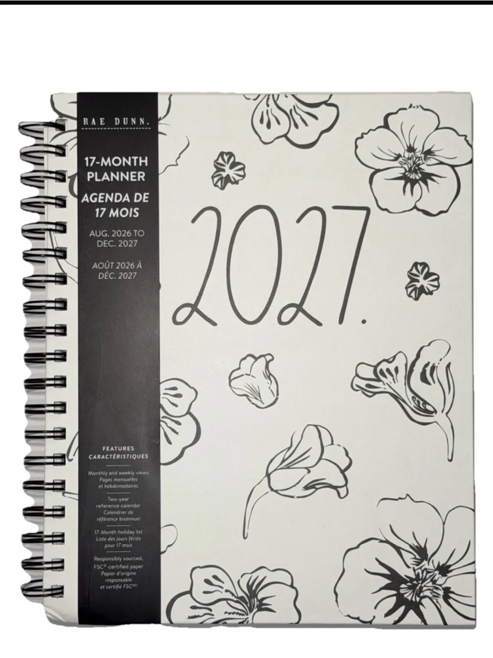Rae Dunn 2027 PLANNER Hard Cover Flower Spiral 17 months Planner Ivory 10x8”